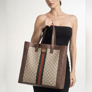 Gucci GG Supreme Ophidia Tote Bag Web Stripe Large Canvas Leather Handbag